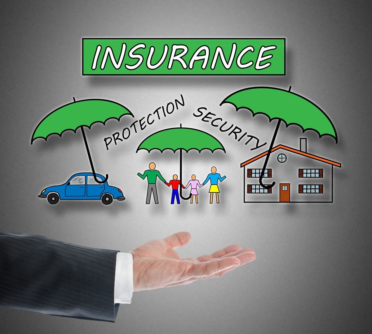 Insurance concept levitating above a hand on grey background